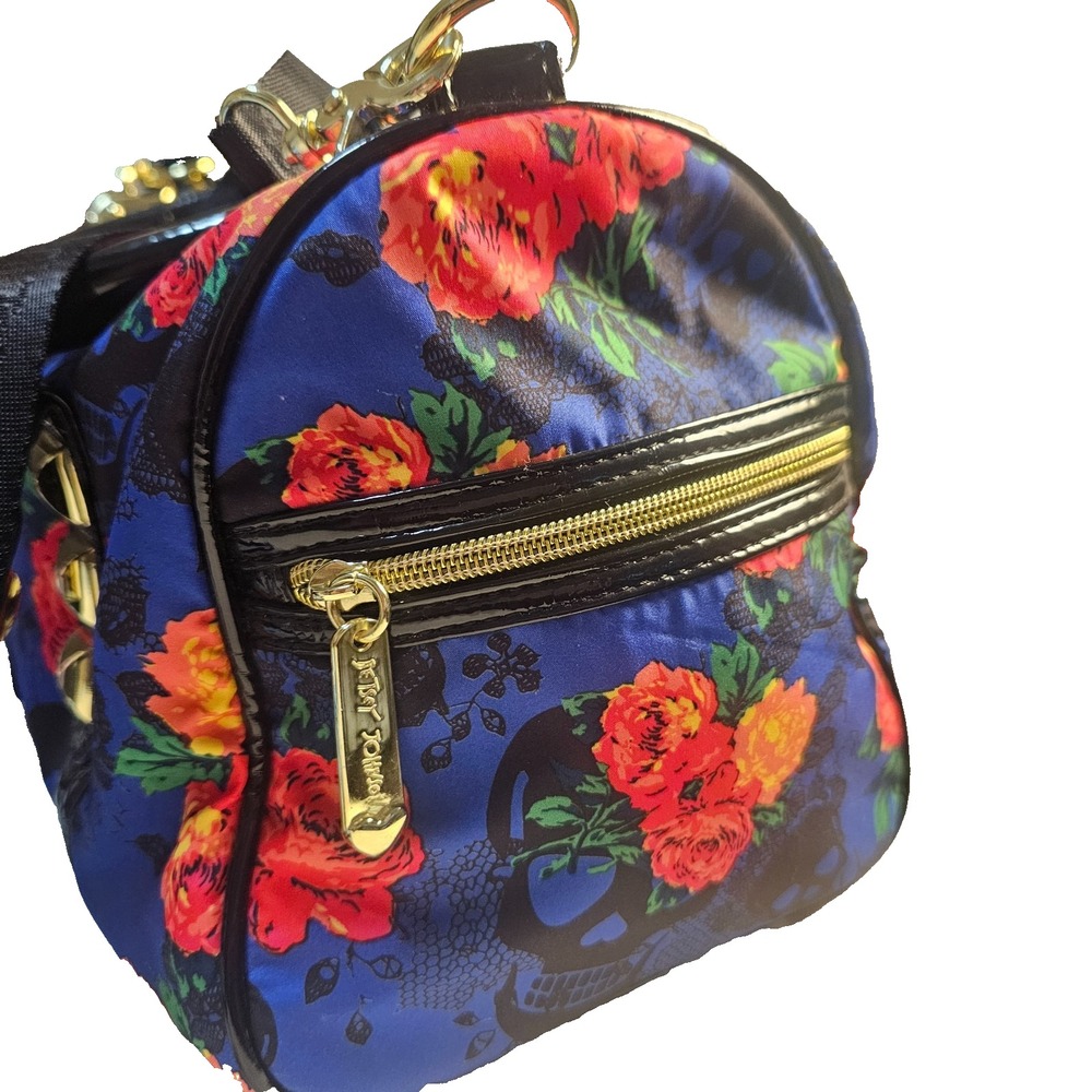 Betsey Johnson Skull Rose Floral Nylon Barrel Duffel Bag Studded Crossbody Goth - Picture 6 of 11